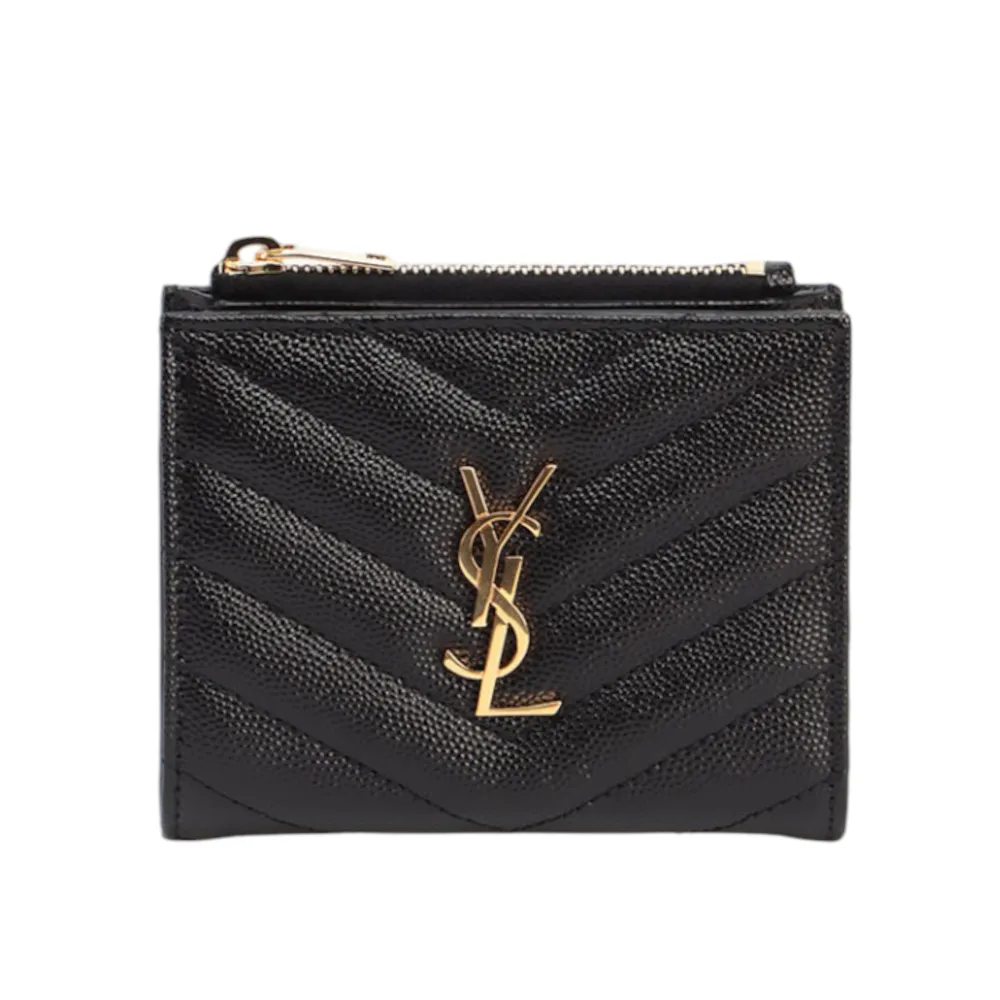 【YSL】SAINT LAURENT Bi-fold 拉鍊 暗釦 對開 卡夾 短夾 黑色