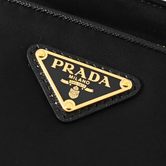 【PRADA 普拉達】經典三角LOGO尼龍拼接肩斜托特包兩用包(黑)