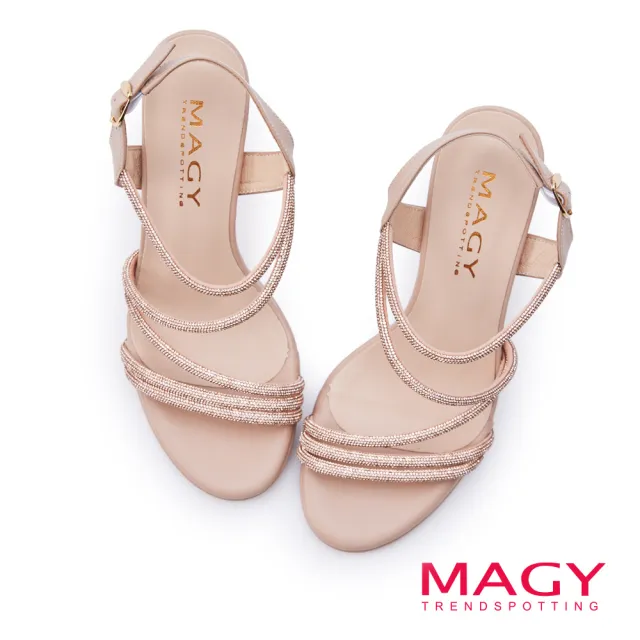 【MAGY】柔軟鑽條繞踝高跟涼鞋(粉色)