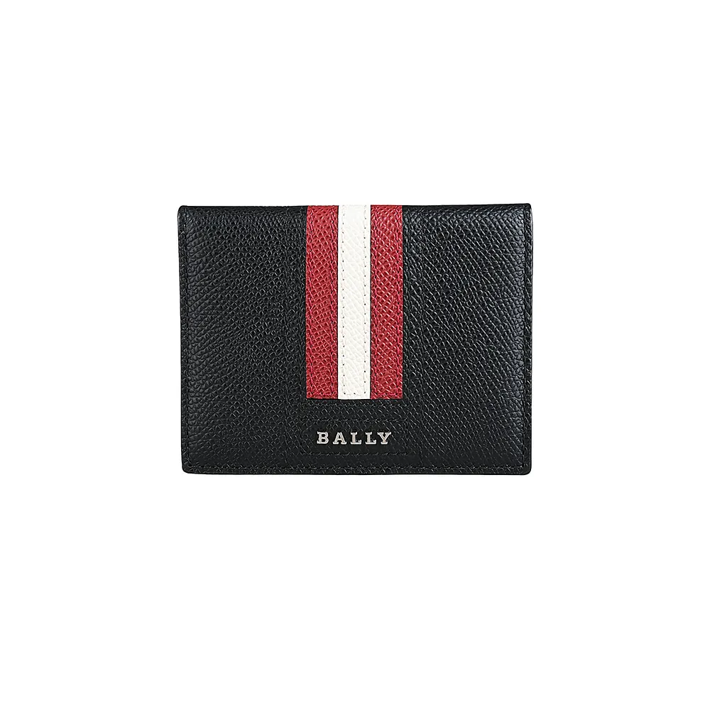 【BALLY】TALDER銀色金屬LOGO紅白條紋荔枝紋牛皮卡片夾(黑)