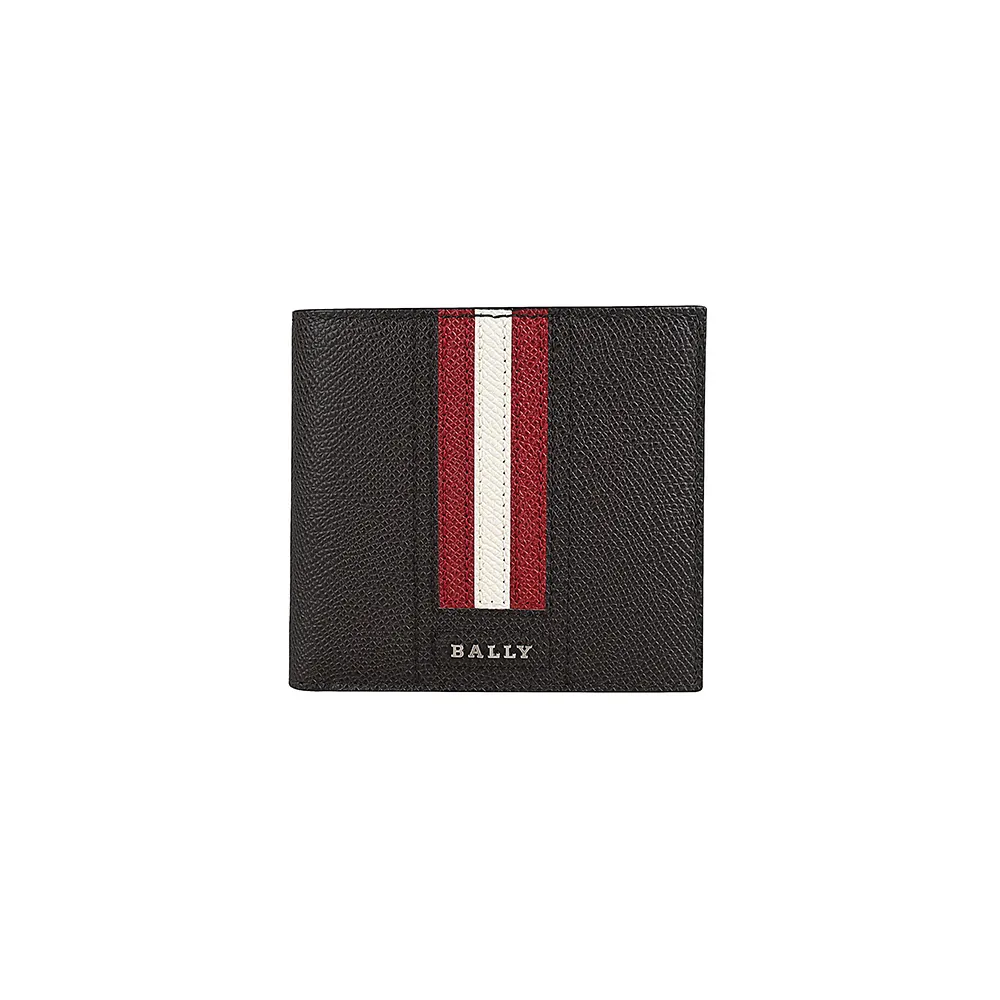 【BALLY】TRASAI銀色金屬LOGO紅白條紋荔枝紋牛皮8卡短夾(咖啡)