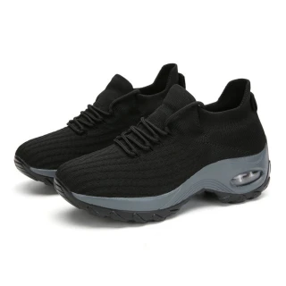 【SPRING】立體鼓波條紋飛織時尚休閒氣墊運動鞋(黑)