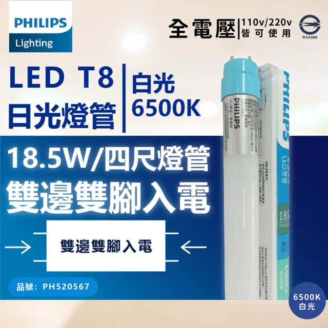 【Philips 飛利浦】10入 T8 LED 燈管 4尺 18.5W 全電壓 雙端入電 日光燈管(黃光/自然光/白光)