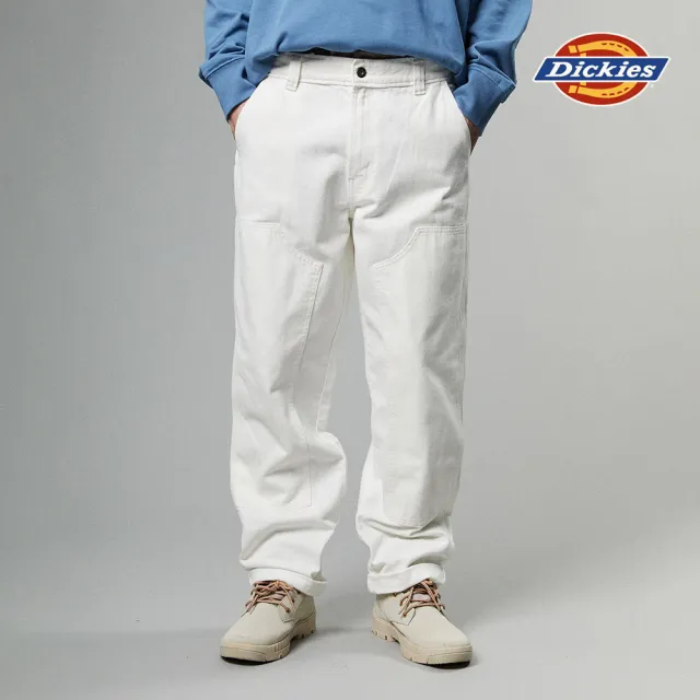 【Dickies】男款白色丹寧純棉雙膝設計寬鬆長褲｜DK012979WHX