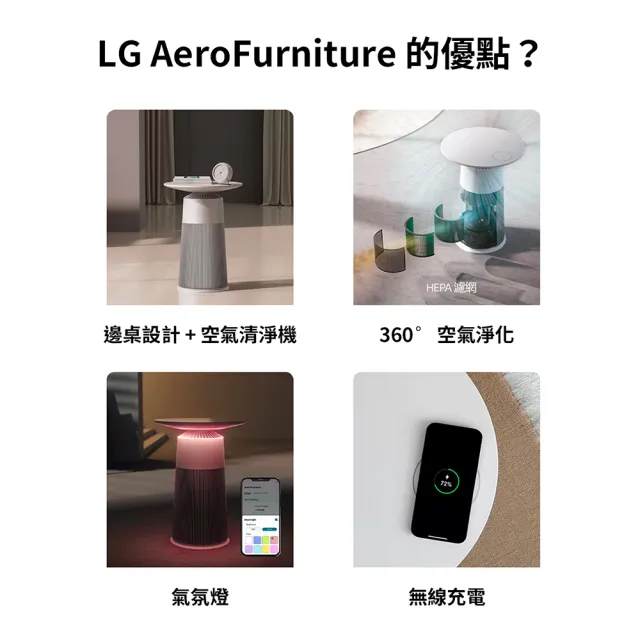 【LG 樂金】AeroFurniture新淨几時尚邊桌空氣清淨機-羅馬黃(AS201PYU0/無線充電/氣氛燈 茶几)