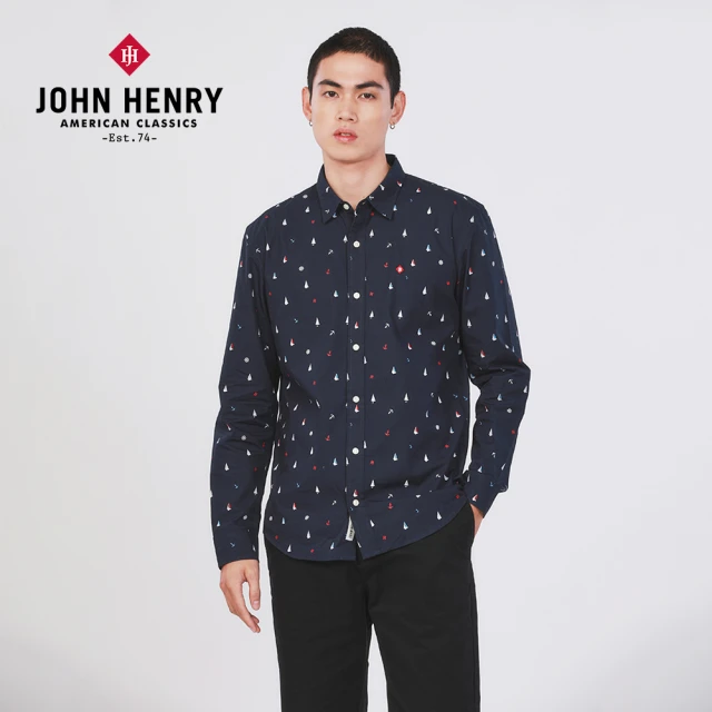 JOHN HENRY 純棉海洋印花襯衫-深藍