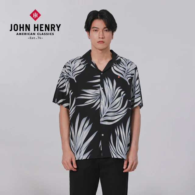 JOHN HENRY 熱帶植物印花襯衫-黑色