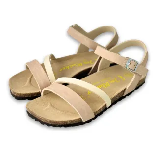 【Joy Walker】一字雙帶 方頭 軟木涼鞋 粉膚米色 女 素面平底 合成皮革 繞踝 休閒舒適柔軟鞋墊 夏季 315P