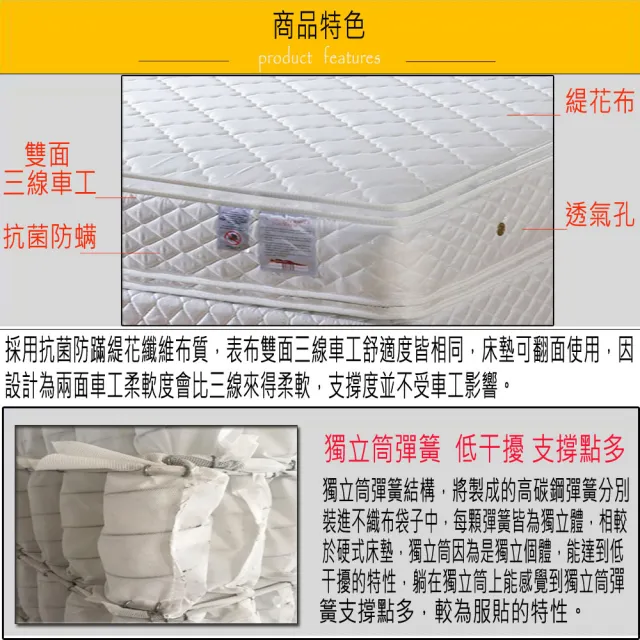 【ESSE御璽名床】防蹣抗菌雙面三線車工獨立筒床墊(雙人)