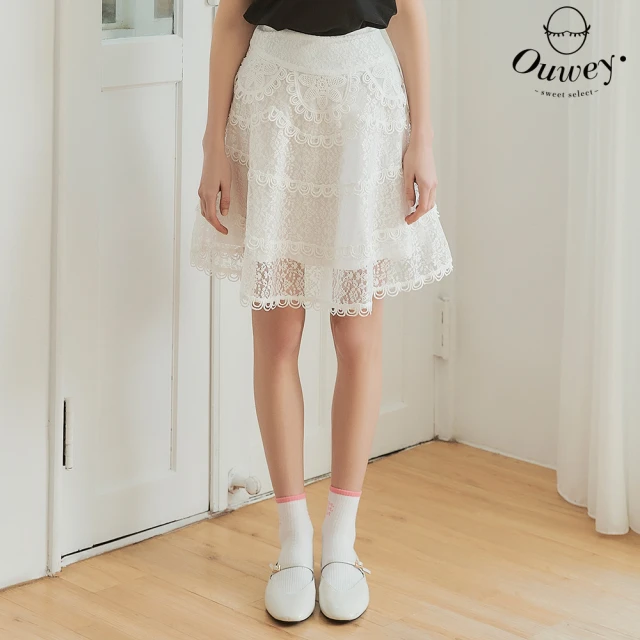 OUWEY 歐薇 雙層花朵透視感蕾絲裙(白色；XS-M；3242322154)