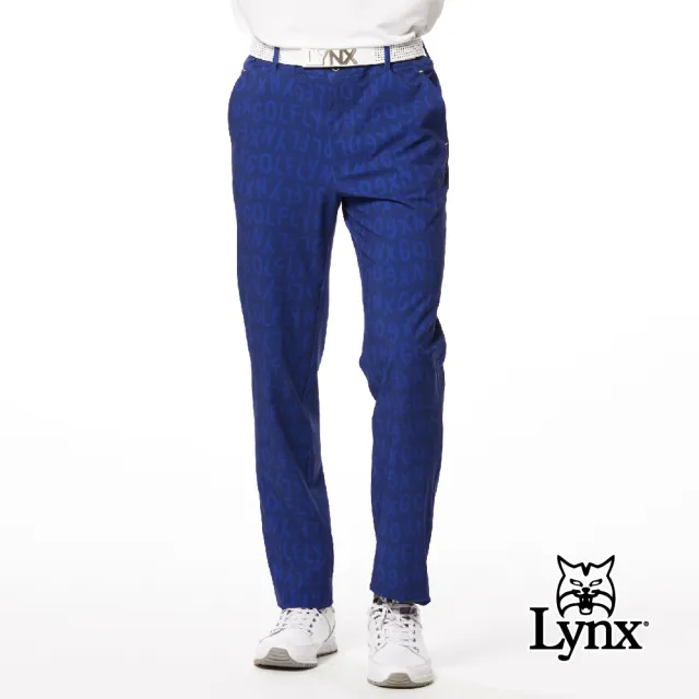 【Lynx Golf】男款防潑水彈性舒適Lynx字樣俏皮印花三色織帶剪接造型平口休閒長褲(三色)