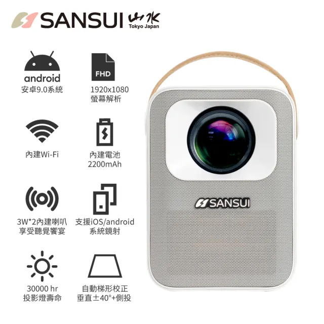 【SANSUI 山水】行動安卓 1080P WIFI 無線微型投影機 大全配含100寸布幕/專用腳架/旅行收納袋(SPJ-MD)