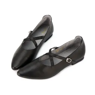 【HERLS】瑪莉珍鞋-全真皮交叉繫帶尖頭瑪莉珍平底鞋(黑色)