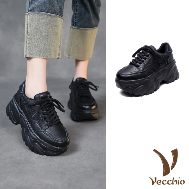VecchioVecchio 真皮休閒鞋 厚底休閒鞋/真皮頭層牛皮個性鬆糕厚底時尚休閒鞋(黑)