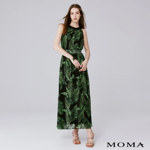 【MOMA】夏形象款｜渡假風植物印花削肩洋裝(綠色)