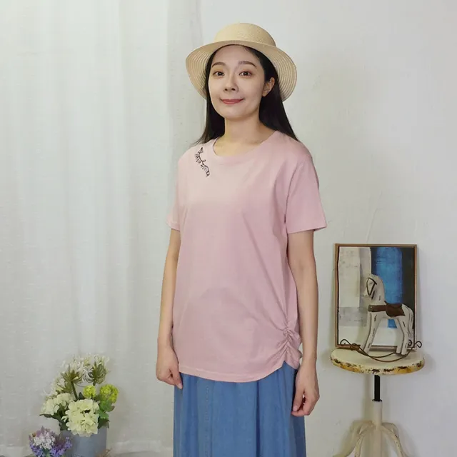 【Hana Mokuba】花木馬日系女裝圓領logo繡花鬆緊收褶寬鬆T恤(T恤)