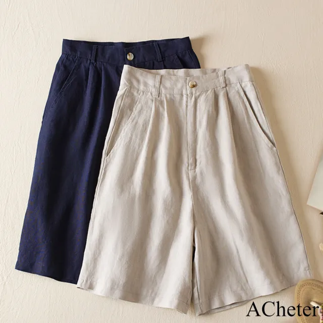 【ACheter】大碼寬鬆高腰棉麻休閒闊腿休閒五分褲#121808(卡其/藏青)