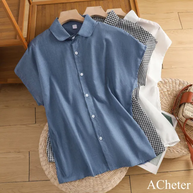 【ACheter】純棉圓領設計感寬鬆小飛袖棉麻襯衫短版上衣#121829(白/藍/格子)