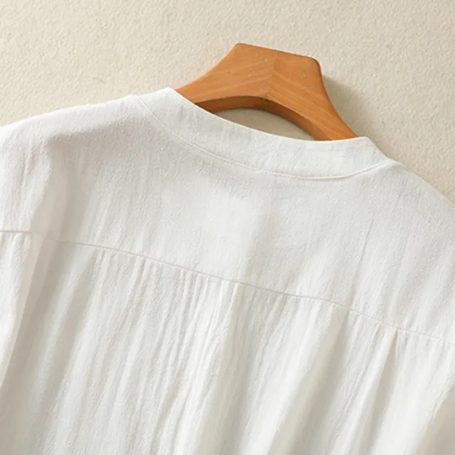 【ACheter】時尚文藝氣質棉麻感襯衫大碼寬鬆顯瘦無袖背心短版上衣#121838(白/灰)