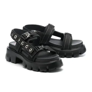 【MISS 21】敏感工裝風個性小花撞色車線魔鬼氈圓頭厚底涼鞋(黑)