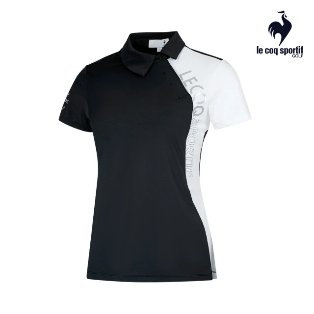 LE COQ SPORTIF 公雞 高爾夫系列 女款黑色大LOGO斜領氣質吸排涼感短袖衫 QLT2T205