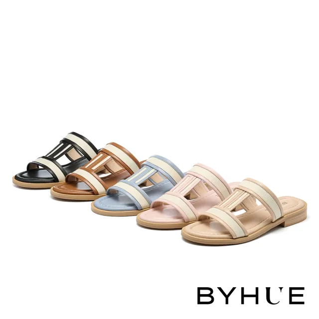 【BYHUE】簡約質感撞色異材質工字寬帶軟芯低跟拖鞋(棕)