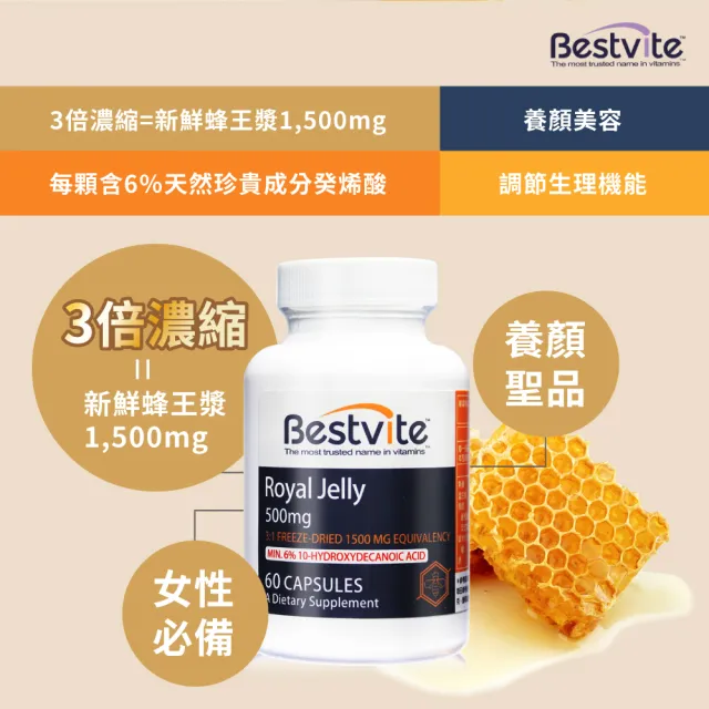【Bestvite 必賜力】必賜力高濃縮蜂王乳膠囊3瓶組(60顆*3瓶)