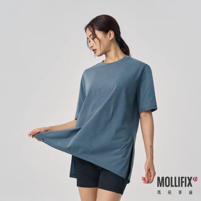 【Mollifix 瑪莉菲絲】抗菌寬鬆側開衩運動短袖上衣、瑜珈上衣、瑜珈服(4色任選)