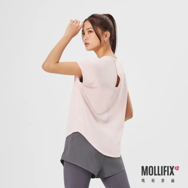 【Mollifix 瑪莉菲絲】涼感後背鏤空短袖上衣、瑜珈上衣、瑜珈服(3色任選)