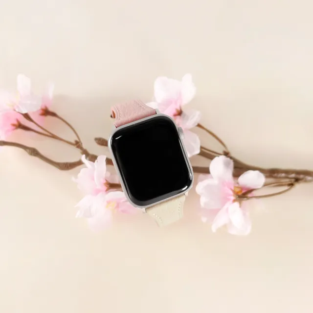 【Watchband】Apple Watch 全系列通用錶帶 蘋果手錶替用錶帶 雙色真皮錶帶(粉x米白色)