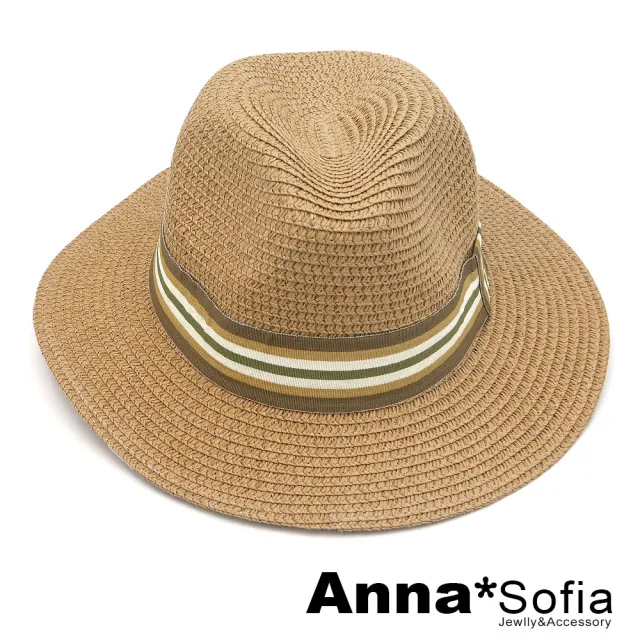 【AnnaSofia】買一送一久等禮 遮陽帽防曬帽網美渡假草帽海灘帽紳士帽爵士帽-色調織帶 現貨(駝系)
