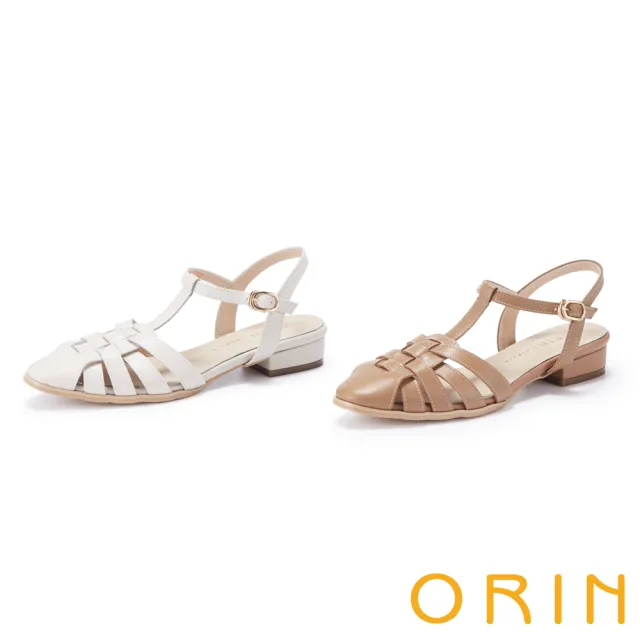 【ORIN】真皮層次交叉T字編織涼鞋(白色)