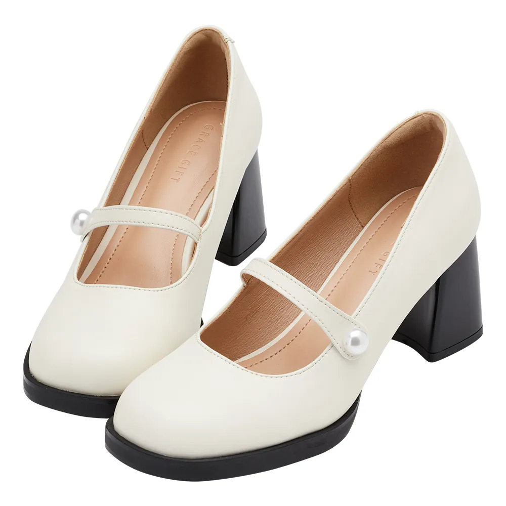 【Grace Gift】時尚圓頭珍珠中高跟瑪莉珍芭蕾舞鞋(米白)