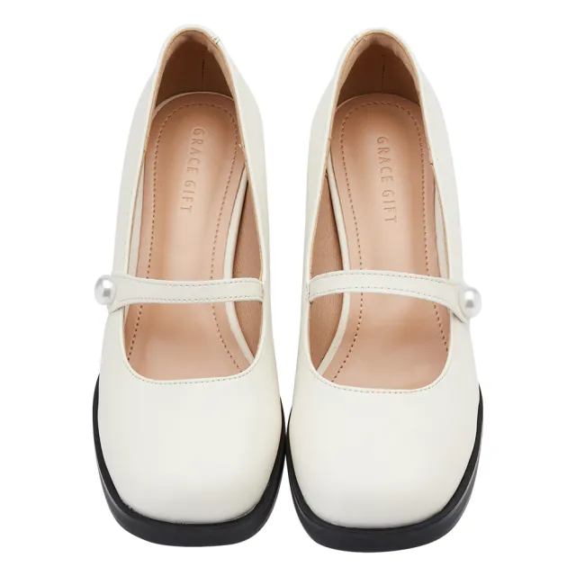 【Grace Gift】時尚圓頭珍珠中高跟瑪莉珍芭蕾舞鞋(米白)