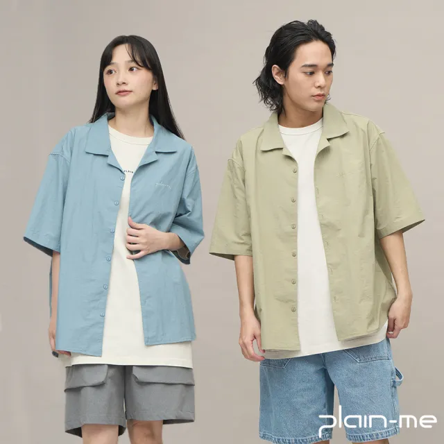 【plain-me】開領刺繡短袖襯衫 PLN3327-241(男款/女款 共5色 襯衫 短袖 休閒上衣)