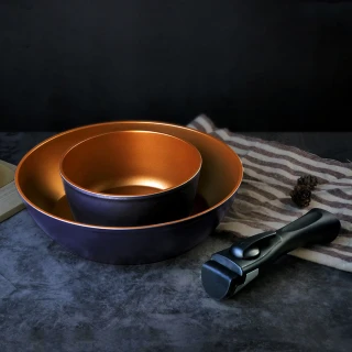 【Queen Chef】美國華福萬用收納IH可拆式不沾鍋3件組(26CM煎炒鍋+16cm雪平湯鍋+可拆式把手 交換禮物)