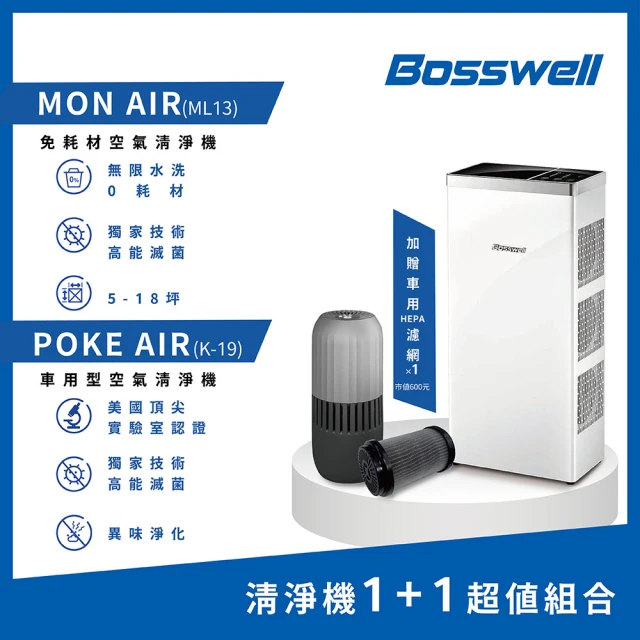 BOSSWELL 博士韋爾 MonAir零耗材空氣清淨機(1+1超值組合)