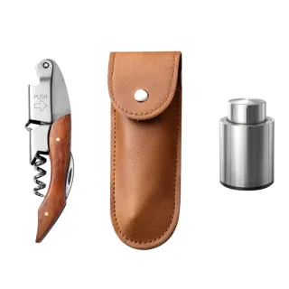 【沐覺mojo】304不鏽鋼刻度紅酒塞 頂級木柄紅酒開瓶器含皮套(紅酒瓶塞 開酒器 開罐器)