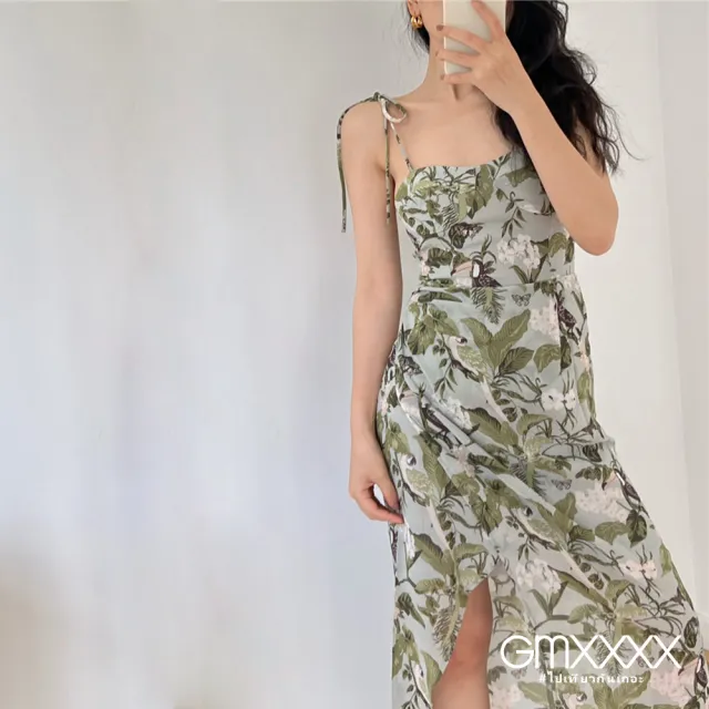 【Gmxxxx】法式夏日熱帶植物雪紡綁帶長洋裝(度假長洋裝)