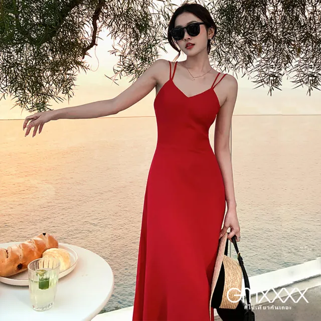 【Gmxxxx】歐美露背線條紅色顯瘦長洋裝(度假長洋裝)