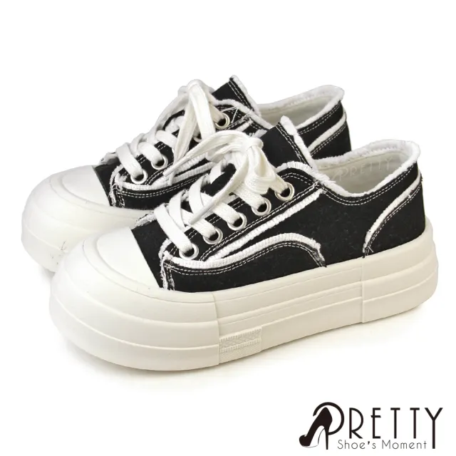 【Pretty】女鞋 休閒鞋 帆布鞋 小白鞋 厚底 鬆糕 韓風 麵包鞋(米色、黑色)