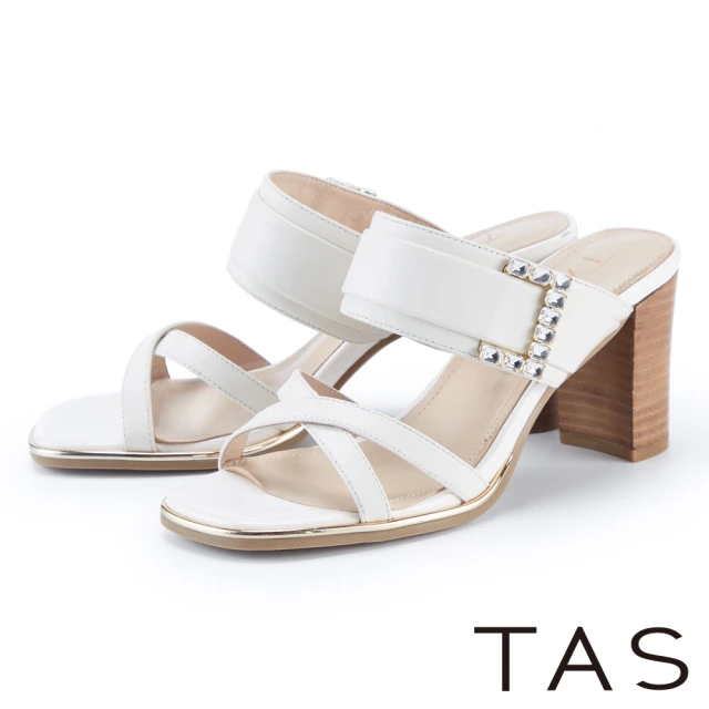 TASTAS 水鑽飾釦真皮高跟拖鞋(米白)