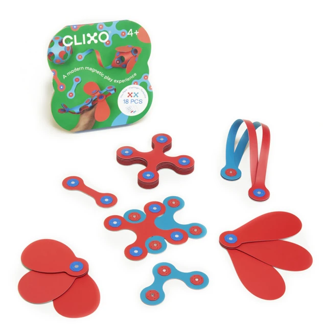 【CLIXO 創樂多磁力片】基本組-紅青色18片(益智STEAM玩具)