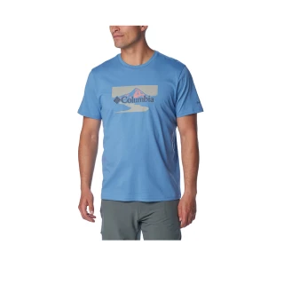 【Columbia 哥倫比亞 官方旗艦】男款-Path Lake™LOGO有機棉短袖上衣-藍色(UAO29590BL/IS)