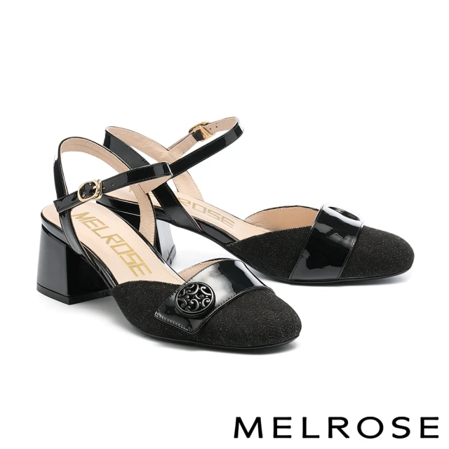 MELROSE 美樂斯 氣質飾釦造型異材質方頭高跟鞋(黑)