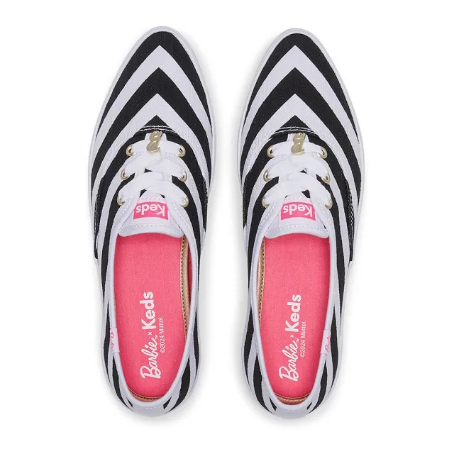 【Keds】BARBIE POINT STRIPED 芭比聯名時髦條紋尖頭厚底帆布休閒鞋-黑白(9241W234998)