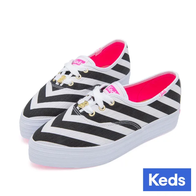 【Keds】BARBIE POINT STRIPED 芭比聯名時髦條紋尖頭厚底帆布休閒鞋-黑白(9241W234998)