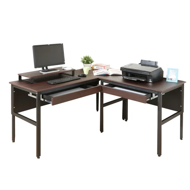【DFhouse】頂楓150+90公分大L型工作桌+2抽屜+桌上架-胡桃色