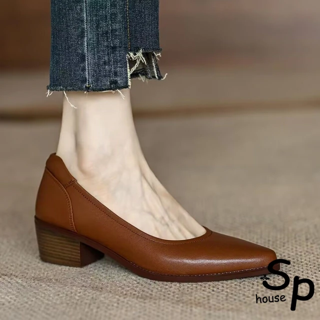Sp house 復古木紋跟尖頭單色時尚低跟鞋(3色可選)