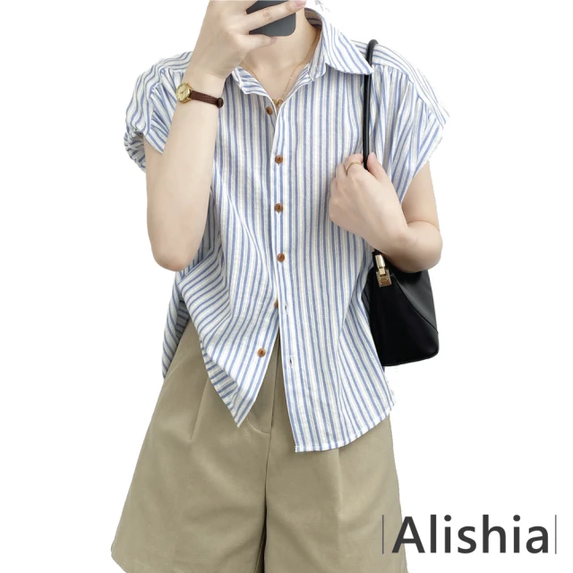 Alishia 女款氣質文青簡約條紋短袖休閒襯衫 M-L(現+預 藍色)